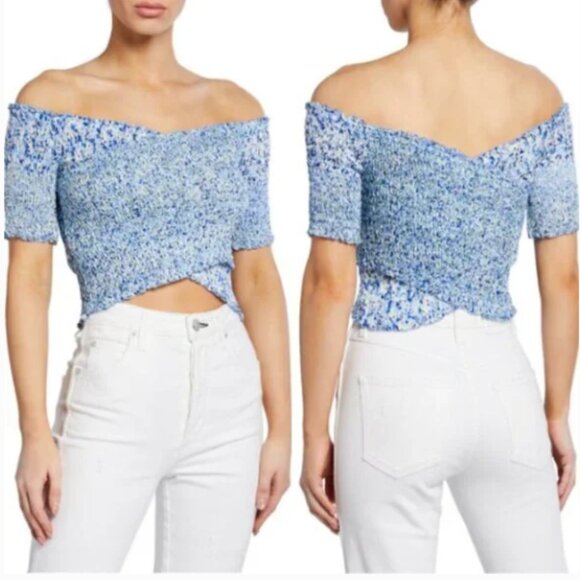 Poupette St. Barth Blue Off-Shoulder Crop Top - Picture 1 of 5